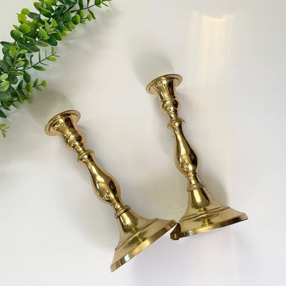 Vintage Andrea by Sadek Lacquered Gold Brass Taper 8" Candle Holders Set of 2 - Picture 1 of 3